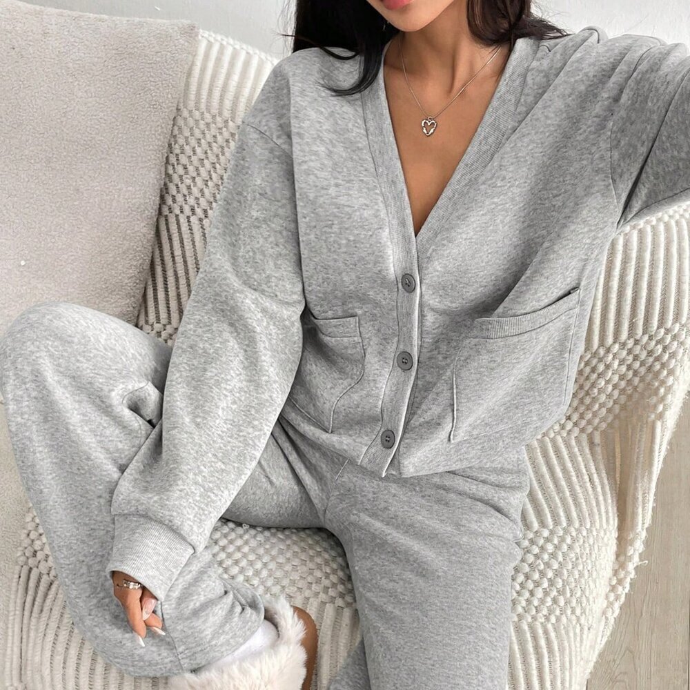 Grey Casual Women's Set Outfit V-Neck Buttoned Top With Pockets